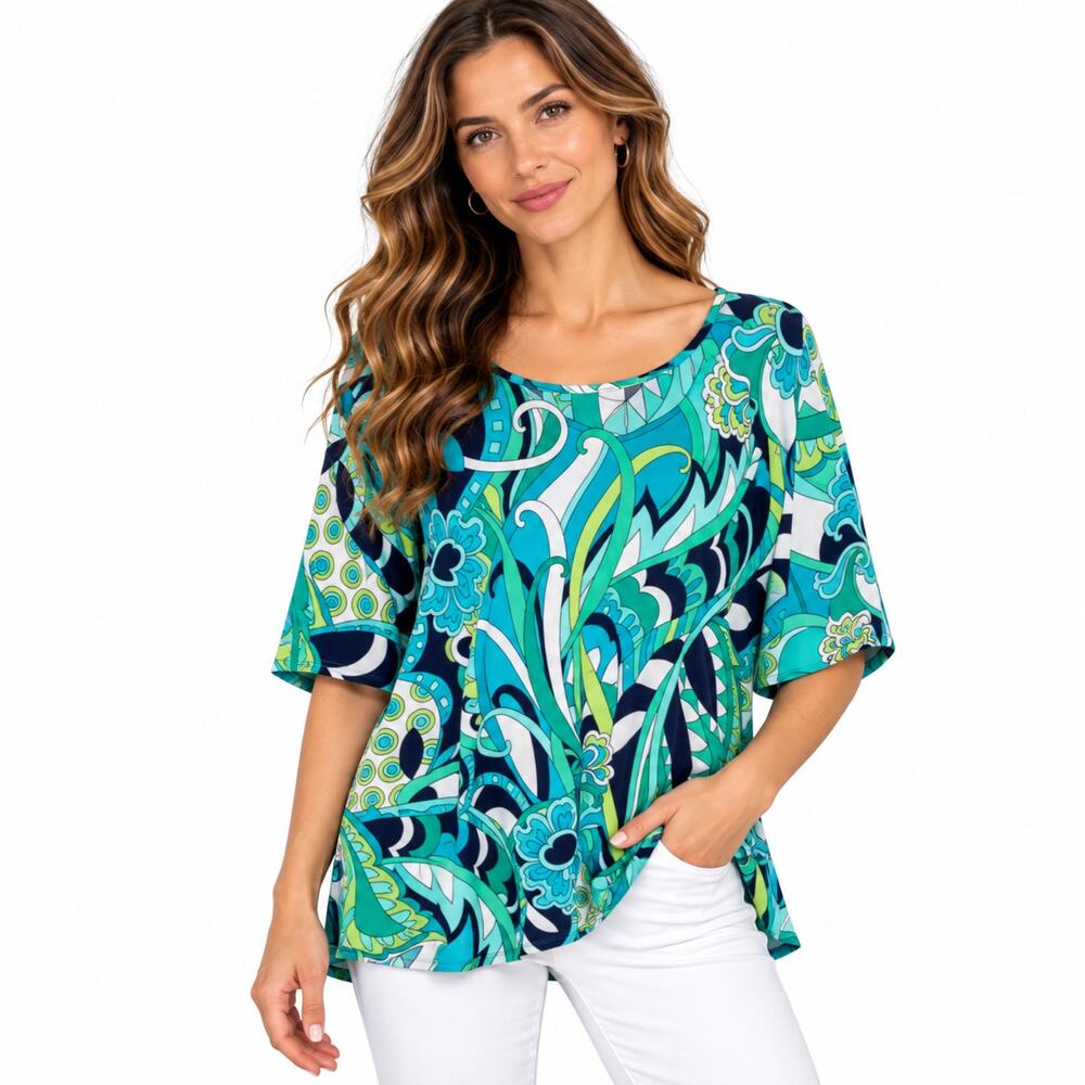 Susan Graver Liquid Knit Blouse Women's Size 2X Teal Paisley Boho Casual Office